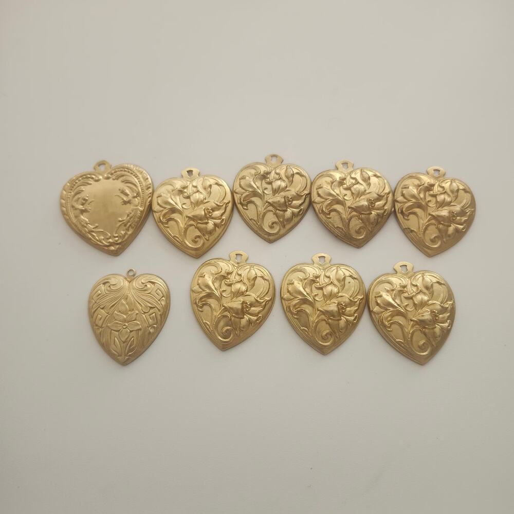 Brass Heart Pendant Charm Lot 9pc Floral Art Nouveau Jewelry Findings Supply